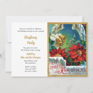 Vintage Red Poinsettia Gold Bells Christmas Party Invitation