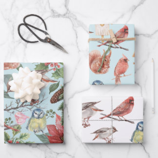 Vintage Red Poinsettia Winter Birds Christmas  Wrapping Paper Sheet