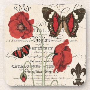 Vintage Red Poppies and Butterflies...coasters Coaster