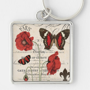 Vintage Red Poppies and Butterflies...keychain Key Ring