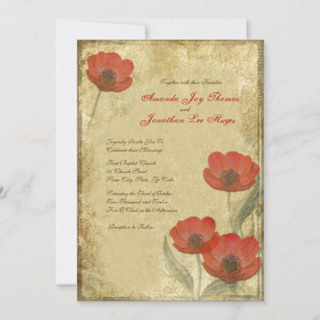 Vintage Red Poppies Wedding Invitations (Front)