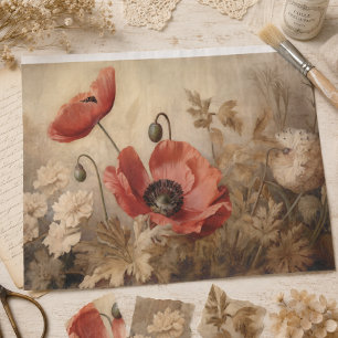 Vintage Red Poppy Botanical Ephemera Decoupage Tissue Paper