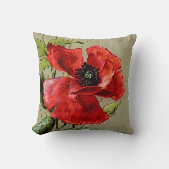 Vintage Red Poppy Cushion (Front)