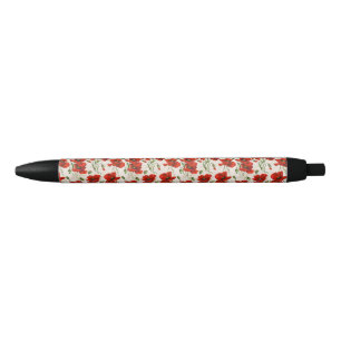 Vintage Red Poppy Floral Pattern Botanical Art Black Ink Pen