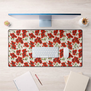 Vintage Red Poppy Floral Pattern Botanical Art Desk Mat