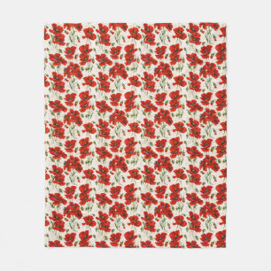 Vintage Red Poppy Floral Pattern Botanical Art Fleece Blanket