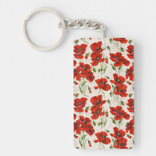 Vintage Red Poppy Floral Pattern Botanical Art Key Ring