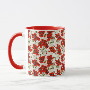 Vintage Red Poppy Floral Pattern Botanical Art Mug