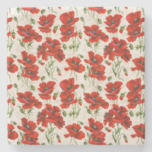 Vintage Red Poppy Floral Pattern Botanical Art Stone Coaster