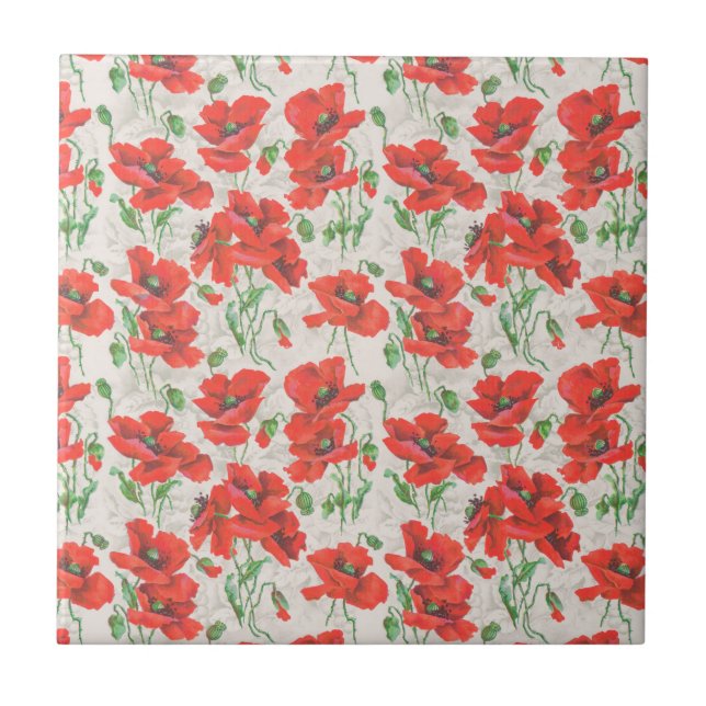 Vintage Red Poppy Floral Pattern Ceramic Tile (Front)