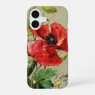 VINTAGE RED POPPY FLOWER IN GREY iPhone 16 CASE