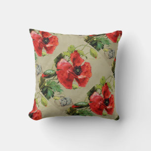 VINTAGE RED POPPY FLOWERS CUSHION