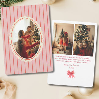 Vintage Red Preppy Stripe Bow 3-Photo Family Xmas Holiday Card