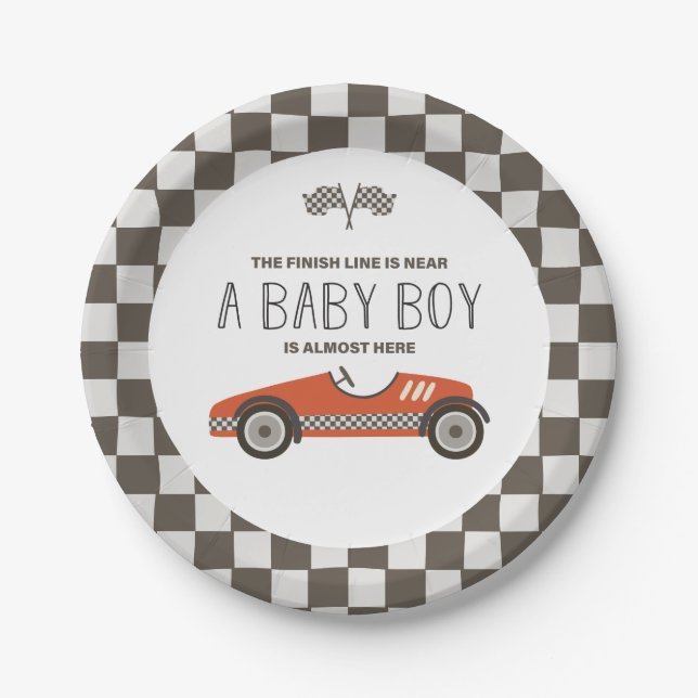 Vintage Red Race Car Baby Shower Paper Plate (Front)