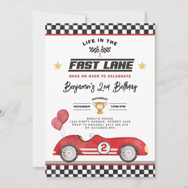 Vintage Red Race Car Fast Lane Boy Birthday Party Invitation (Front)