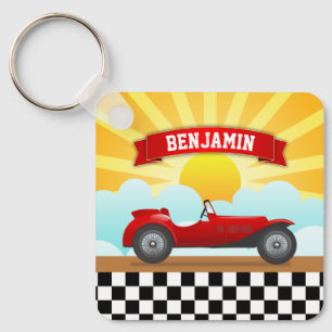 Vintage Red Race Car Personalised Name Kids Key Ring