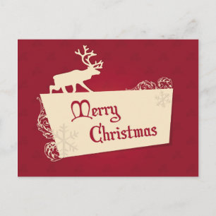 Vintage Red Reindeer and Snowflakes Christmas Holiday Postcard
