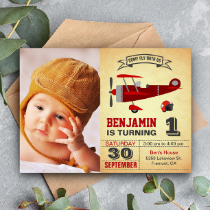Vintage Red Retro Aeroplane Birthday Invitation