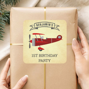 Vintage Red Retro Aeroplane Birthday Party Favour Square Sticker