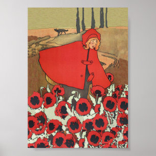 Vintage Red Riding Hood Wolf Poppy Flowers Poster