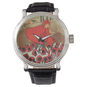Vintage Red Riding Hood Wolf Poppy Flowers Watch