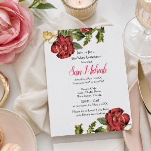 Vintage Red Rose Birthday Lunch Invitation