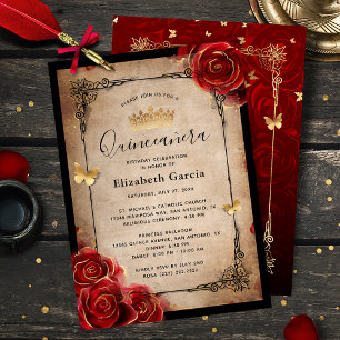 Vintage Red Rose Black Gold Elegant Quinceanera Invitation