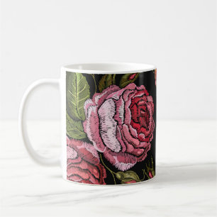 Vintage Red Rose Embroidery Pattern Coffee Mug