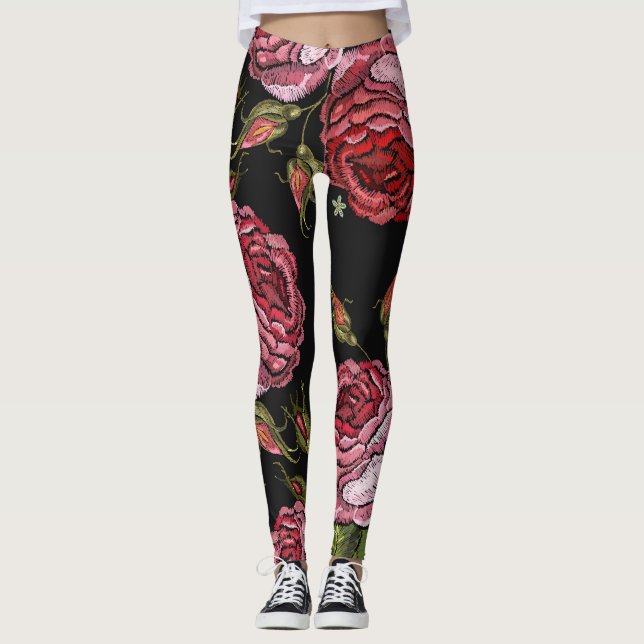 Vintage Red Rose Embroidery Pattern Leggings (Front)