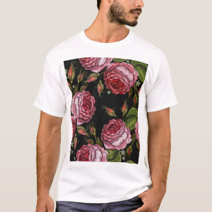 Vintage Red Rose Embroidery Pattern T-Shirt