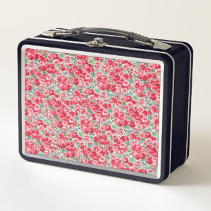 Vintage Red Rose Floral Pattern Metal Lunch Box