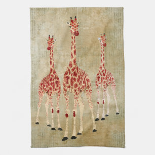Vintage Red Rose Giraffes Towel