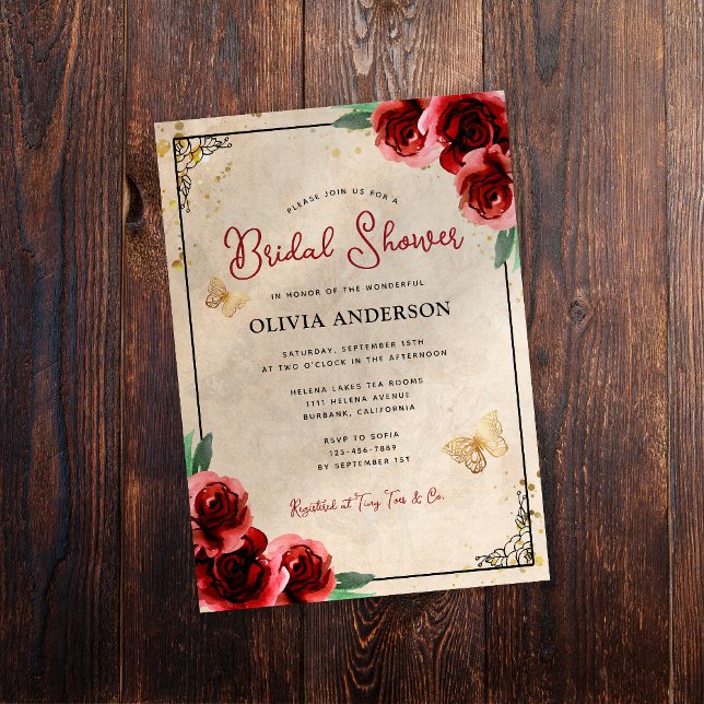 Vintage Red Rose Gold Elegant Bridal Shower Invitation (Creator Uploaded)