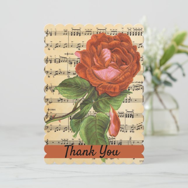 Vintage Red Rose & Music Flat Thank You Card (Standing Front)