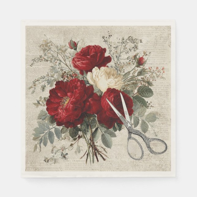 Vintage Red Rose & Scissors Botanical Collage Napkin (Front)