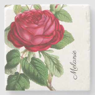 Vintage Red Rose with Your Name Stone Coaster
