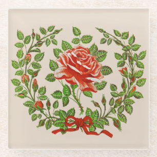 Vintage Red Rose Wreath Floral Greeting Art Glass Coaster