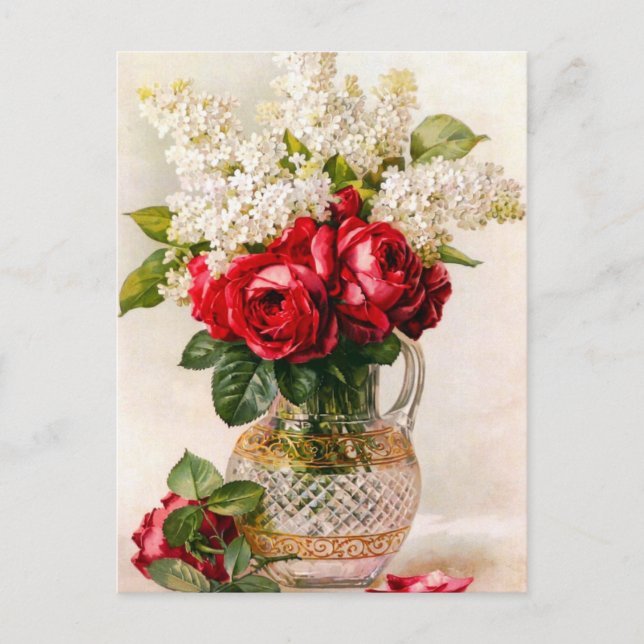 Vintage Red Roses and Baby’s Breath Postcard (Front)