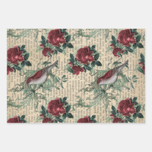 Vintage Red Roses and Birds Wrapping Paper Sheet