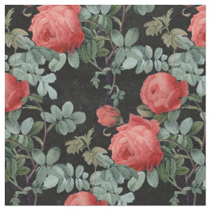 Vintage Red Roses and Leaves on Black Fabric