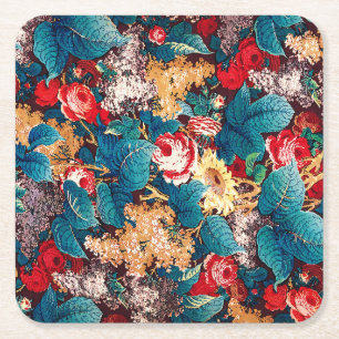Vintage red roses and lilac floral pattern square paper coaster