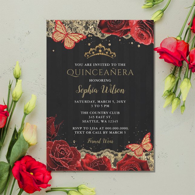 Vintage Red Roses Black Gold Lace Quinceañera Invitation (Vintage Red Roses Black Gold Lace Quinceañera Invitatio)