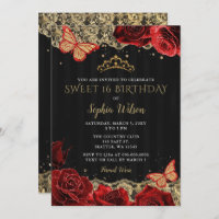 Vintage Red Roses Black Gold Lace Sweet 16  