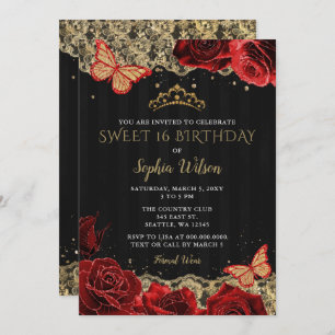 Vintage Red Roses Black Gold Lace Sweet 16   Invitation