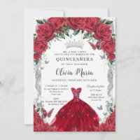 Vintage Red Roses Dress Floral Quinceañera Silver