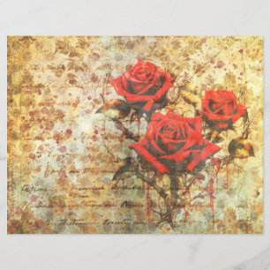 Vintage Red Roses Junk Journal Paper - Distressed