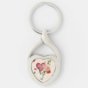 Vintage Red Roses & Key to My Heart Valentine's Key Ring