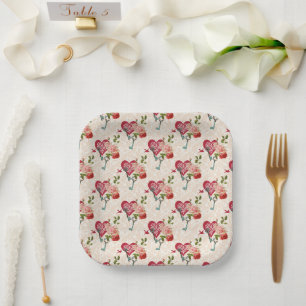 Vintage Red Roses & Key to My Heart Valentine's Paper Plate