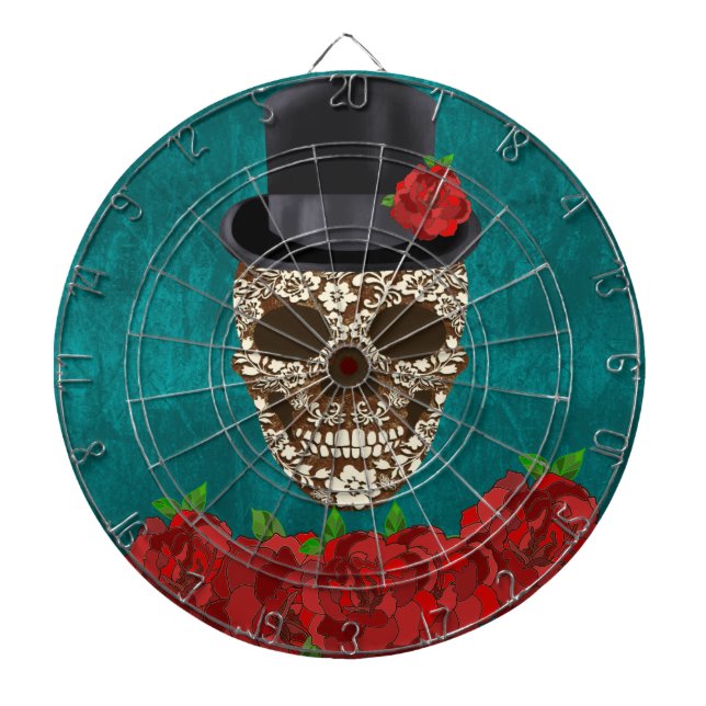 Vintage Red Roses Male Sugar Skull Dartboard (Front)