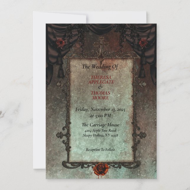 Vintage Red Roses on Gothic Black Drapery Invitation (Front)